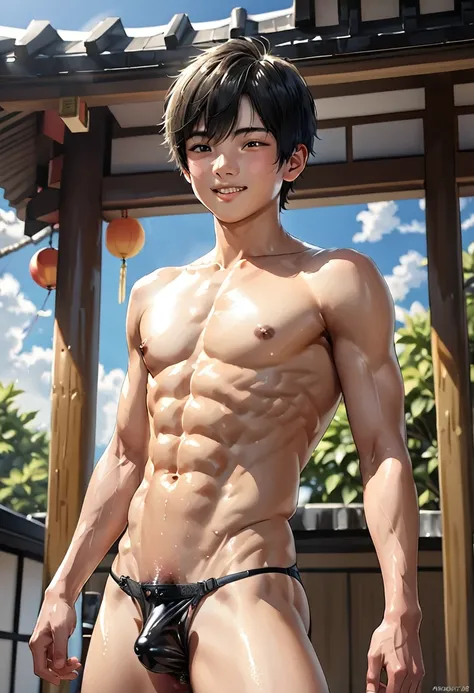 high quality, detailed, Realistic, (one 16 years old japanese boy), (detailed black eyes), (abs:1.5), (shiny skin), detailed nipples, black short hair, (black tiny thong), (erected bulge), summer noon, (smile:0.7)