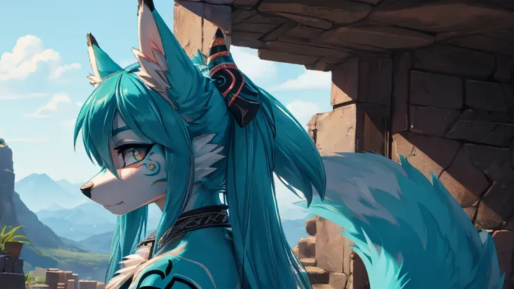 Miku Hatsune, add high definition_detail:1, blue fur,kitsune ears, tribal tattoo add_detail:1, infernal landscape 