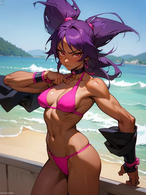 18 year old Yoruichi Shihöin from Bleach with tanned skin in a neon pink thong bikini flexing her muscles to pridefully show off her chiseled muscles on a mountain ledge, highly detailed