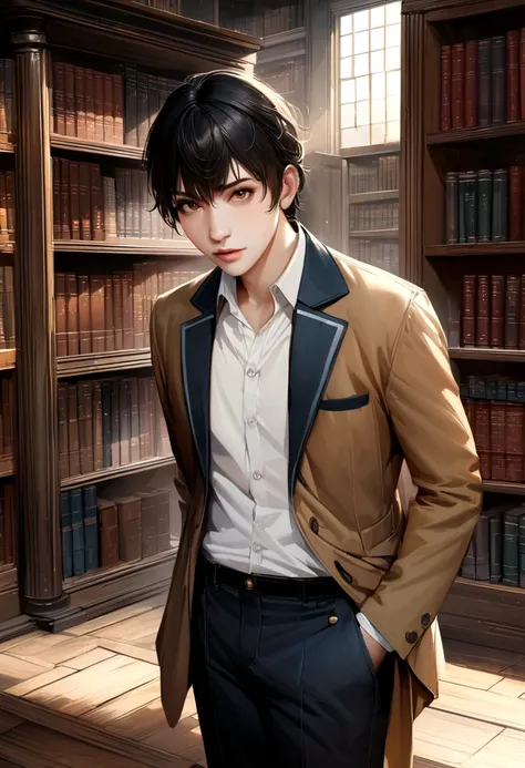 High quality, best quality, HD, realistic, Masterpiece, best quality, 2.5D illustration , 8K CG wallpaper, one high school hot Boy with black hair and brown eyes in the library, Boy wear high school pants uniform , 