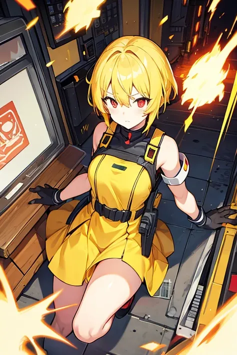 Robot girl, short yellow hair, Red eyes, yellow dress, with explosives 