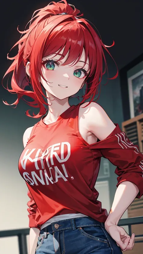 Red hair, green eyes, short ponytail, excited, excited smile, sporty, spiky hair, red jacket, jeans, park, white t-shirt, happy, ultra-detailed, absurdres, unreal engine, masterpiece, best quality, beautiful eyes, volumetric lighting, silky_hair), best qua...