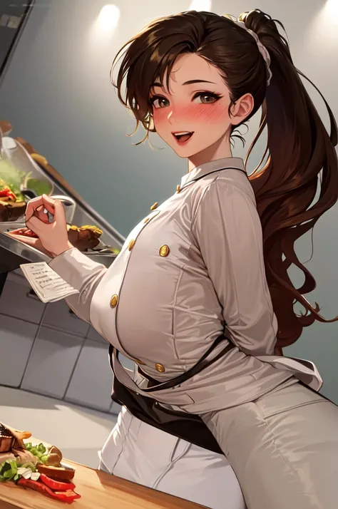 (((realistic photo))), ((face focus)),((beautiful face)), good hands, perfect hands, ((sagging breasts)), ((large breasts)), (slim waist),(pale skin), (soft skin),((((seductive pose)))), 1girl,solo,mature female,(((aaerina, ((long hair, ponytail, chef, but...