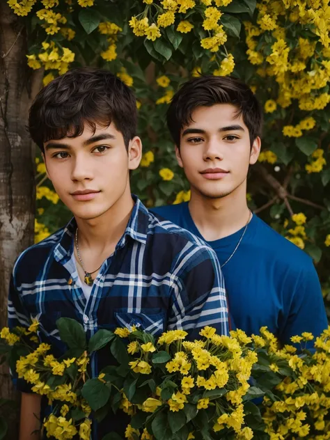 Two young men posing for a photo, one in a plaid shirt and the other in a blue shirt, standing in front of a vibrant yellow flower background.