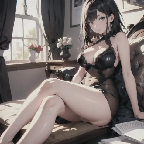 absurd res, high res, (work: 1.4), very detailed, 1 girl, sitting, legs exposed, large breasts, transparent dress