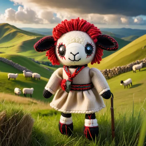 (knitted toy voodoo doll:1.5), (Voodoo on Sheep Pasture:1.3), (Clothing: shepherds attire:1.0), (Accessories: shepherds staff, woolen bag:1.1), (background: grassy pasture with floating sheep, glowing hills, and fluffy clouds:1.2), best quality, masterpiec...