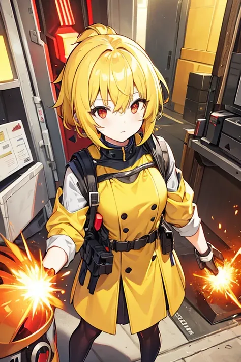 Robot girl, short yellow hair, Red eyes, yellow dress, with explosives 