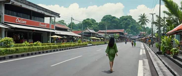 landscape of a beautiful Indonesian woman walking on the road to the mall passing a hangout place, picture taken from across the road. full shot, rear view, ultra realistic, no shadow, perfect detail, ultra realism, ultra detail, 8k