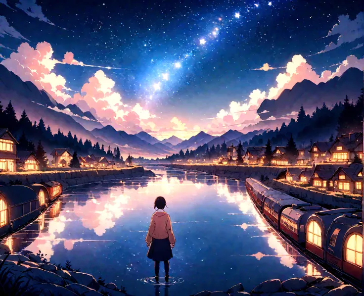 High quality masterpiece, landscape, Animated train passing through water on the tracks, 明るいStarry Sky. Romantic Train, Pixiv, Concept Art, Lofi Art style, reflection. by Makoto Shinkai, Lofi Art, Beautiful anime scene, Anime landscape, 詳細なlandscape —幅672,...