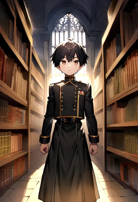 Cool boy with black hair and brown eyes in the library, Boy wear uniform, high in 183 cm, unigorm is black jas, wear dasi nerah putih berbintang, 