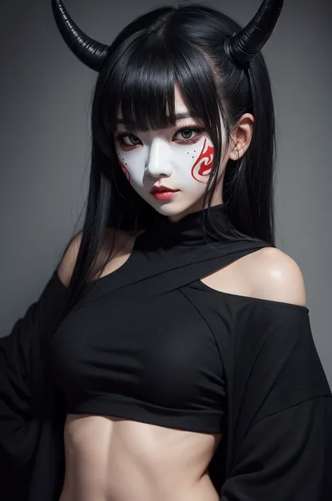 Woman with oni mask completely black eyes 