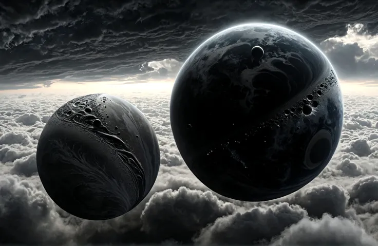 FOTO REALISTA DE DOS PLANETAS VERY CLOSE (((PLANETAS ALMOST TOUCHING INTERCAMBIANDO ATMÓSFERAS))), ON A STORMY GRAY DAY, TWO R-STYLE BLACK PLANETS ARE SEEN.h. Giger, VERY CLOSE, ALMOST TOUCHING. SHOWS GRAVITATIONAL FIELD ABSORBING AND RELEASING MATTER MUTU...