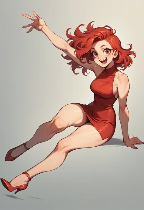 girl in a short red sleeveless dress with a square neckline long red hair and red heels with a happy face 