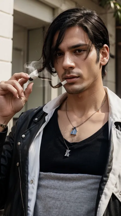 A man, having half white, half black hair, he was holding his necklace while smoking 