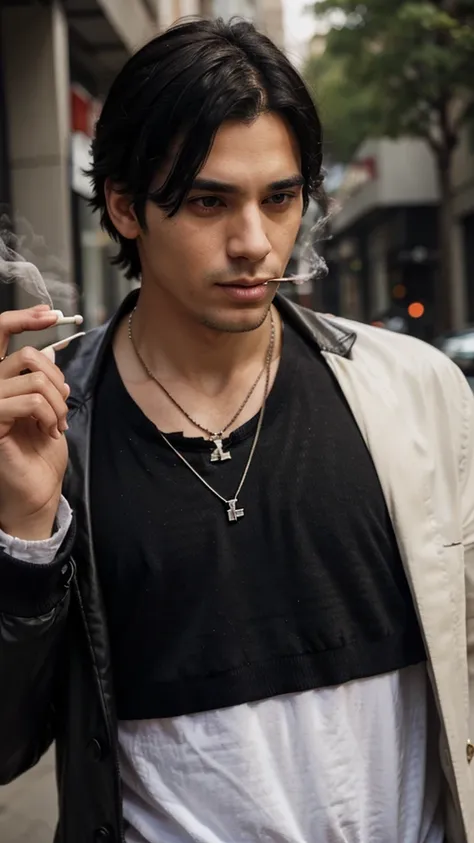 A man, having half white, half black hair, he was holding his necklace while smoking 