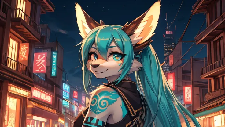 Miku Hatsune, add high definition_detail:1, blue fur,kitsune ears, tribal tattoo add_detail:1, apocalipsis city landscape 