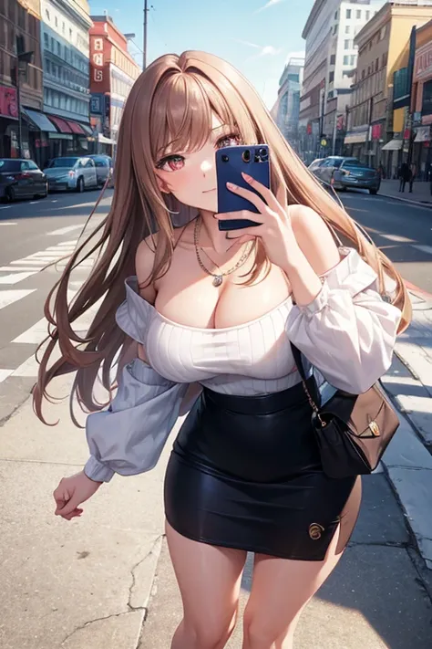 game , Nikke, the goddess of victory, Neat , Light brown hair,  Captivating eyes ,beautiful face , Crystal Red Eye ,  Long Hair , Off-the-shoulder tops and Korean-style ruffled blouses , blue , Cleavage, necklace,White plain ribbed knit pencil skirt ,Selfi...