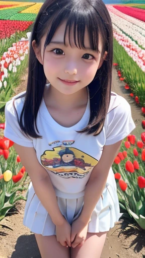 8K, masterpiece, Japanese, 10-year-old girl, look forward to, Innocent Features, Kind eyes, Child-like body, T-Shirts, Short sleeve, Short skirt, Semi-long hair, Daytime, bright, Tulip Fields