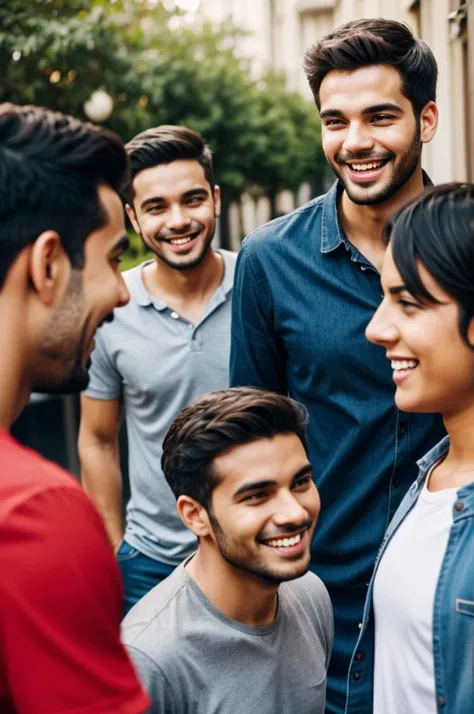 A smiling man and behind him is a group of his friends gossiping about him