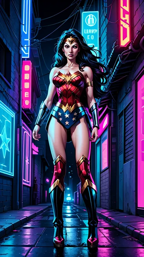 Wonder Woman in a cyborg and cyberpunk look in an alley, at night, illuminated by neon lights.