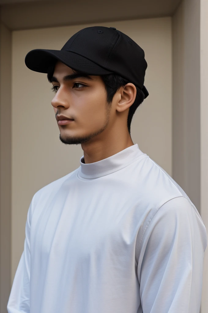 A black haired boy, with high neck and long sleeve t-shirt, with a cap, 