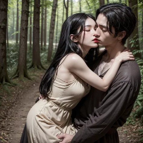 A girl (long black hair) , clear skin, big brown eyes, Slim appearance, Red lips, dress, medieval, 1 19 year old man (short hair) broad and marked chest, It lasts, medieval, forest, hug, head on, Closed eyes, Kiss in the lips, covered