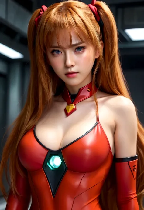 Realistic Asuka Langley posing in her red outfit with big tits with a serious look 