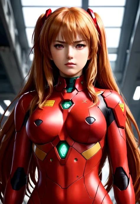 Asuka Langley with his red battle suit  with very big tits with a serious look
