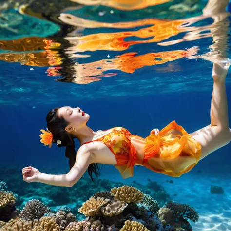 (((Waterline style))), (quite a bit body), realistic photograph of A very beautiful Chinese woman, soaking, glowing amber hanfu, swimming, beautiful coral reef, blue sky,