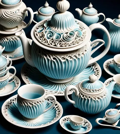 porcelain vintage tea set, alice in wonderland,3d, depth perception, fractals holes, spiral, fantasy,