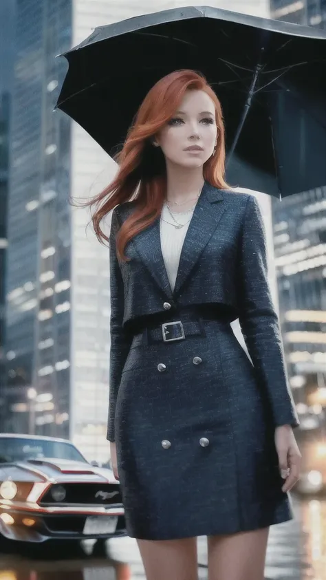 A beautiful woman redhead, in a rain day,  at blue hour. In background a clasic mustang car 70s. In a modern city, with skyscrapers. Cinematic style, light and shadows, ultra realistic, with great details. Master piece. Photography style. Wide view, americ...