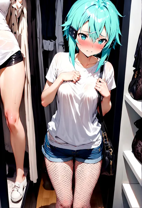 NSFW,masterpiece,Highest quality,High resolution,Super detailed,Sinon(Sword Art Online),Jacket,White T-shirt,cropped,Shorts,Fishnet tights,Shoulder bag,Embarrassed,expectant face,blush,Shopping mall,Lingerie Shop,fitting room,Dressing room,Date,Body touch