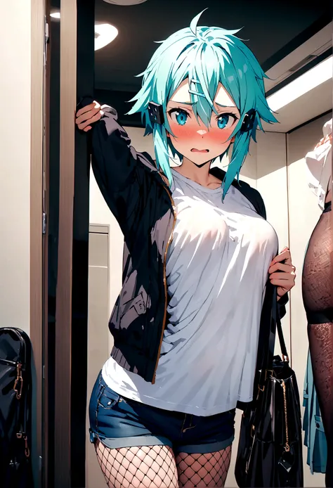 NSFW,masterpiece,Highest quality,High resolution,Super detailed,Sinon(Sword Art Online),Jacket,White T-shirt,cropped,Shorts,Fishnet tights,Shoulder bag,Embarrassed,expectant face,blush,Shopping mall,Lingerie Shop,fitting room,Dressing room,Date,Body touch