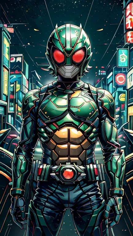 (8k),(masterpiece),(Japanese),(8-year-old boy),((innocent look)),((Childish)),From the front,smile,cute,Innocent,Kind eyes,Flat chest, green helmet, yellow domino mask,Aquaman,short,Black Hair,Strong wind,night,dark, Neon light cyberpunk city,Kamen rider,c...