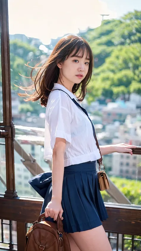 ((Viewing angle from below、Highest quality、masterpiece、32k、Every detail))、Descend the outdoor stairs、commute、Systemic manifestations、Traditional navy blue sailor uniform、White blouse、Pleated skirt、(((A strong wind blows my hair and skirt away:1.62)))、((I a...