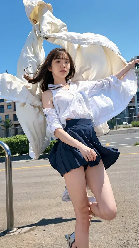 ((Viewing angle from below、Highest quality、masterpiece、32k、Every detail))、Descend the outdoor stairs、commute、Systemic manifestations、Traditional navy blue sailor uniform、White blouse、Pleated skirt、(((A strong wind blows my hair and skirt away:1.62)))、((I a...