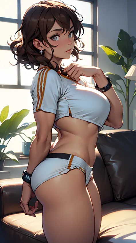 Beautiful woman,Brown curly hair, Short white casual sportswear,indoor,There is a sofa, Wearing earrings,Strike sexy poses, belos Delicate eyes, Delicate eyes,Beautiful thighs, 