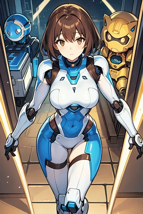 Robot woman, short brown hair, Brown eyes