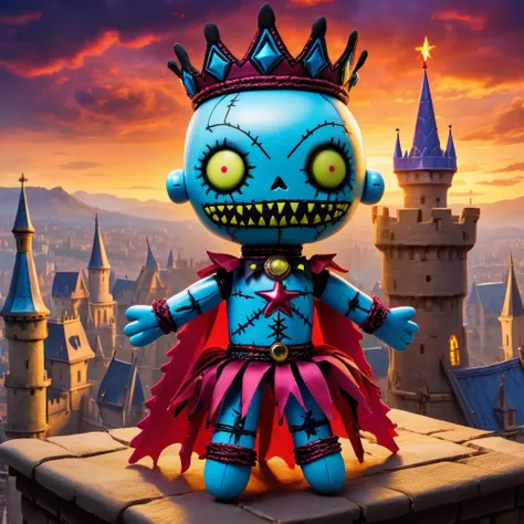 (knitted toy voodoo doll:1.5), (Voodoo on Castle Roof:1.3), (Clothing: royal attire:1.0), (Accessories: enchanted scepter, glowing crown:1.1), (background: grand castle with floating gargoyles, glowing spires, and panoramic views:1.2), best quality, master...