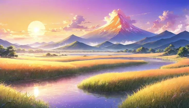 Create a fantasy landscape art of a vast grassland shining golden in the light of the setting sun.。The grassland spreads、You can see far into the distance。Whenever the wind blows, the grass sways、Looks like a wave。The sun is setting on the horizon、The sky ...