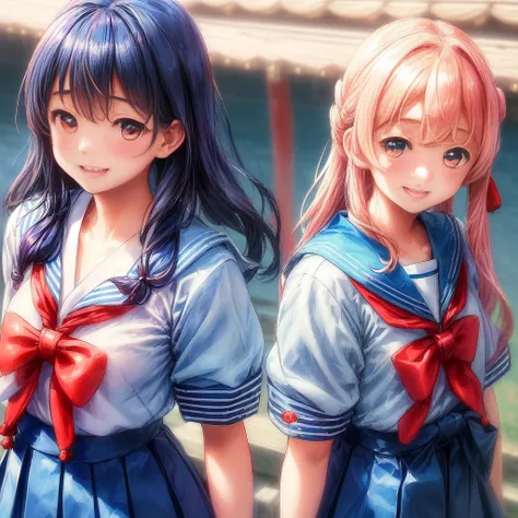 best quality, masterpiece, 

Three Japanese-high-school-girls, 

looking straight ahead, standing (separately:1.4), side by side, 

(short-sleeved Japanese-blue-high-school-sailor-suit:1.4),

 Reddish bow tie, with a school bag, 

((too much smile)), very ...