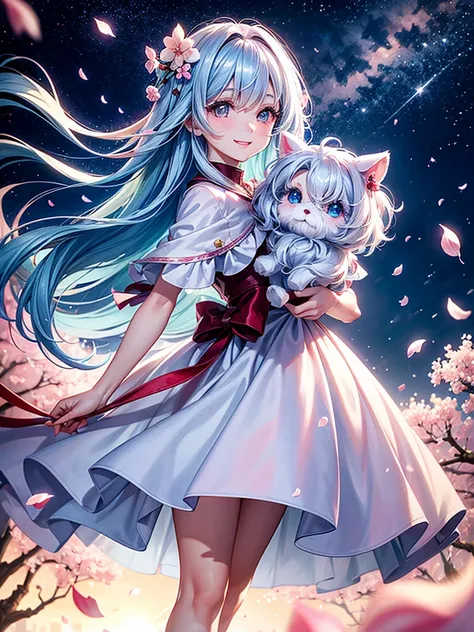 Highest Resolution,Highest quality,Walking along the cherry blossom-lined street at night with a Maltese dog１People beautiful girl,Light blue hair,Very beautiful eyes,smile,Scattered cherry petals,Night Sky,Starry Sky,moonlight,front,Big eyes,