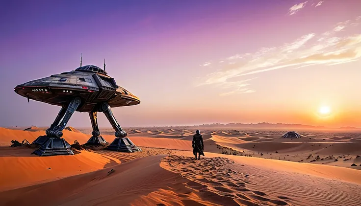 Create an epic sunset scene in an alien desert, inspired by the poster of "Star Wars: The Force Awakens". over the horizon, the double sun is setting, Painting the sky with warm shades of orange, pink and purple. Large spacecraft wreckage is half-buried in...