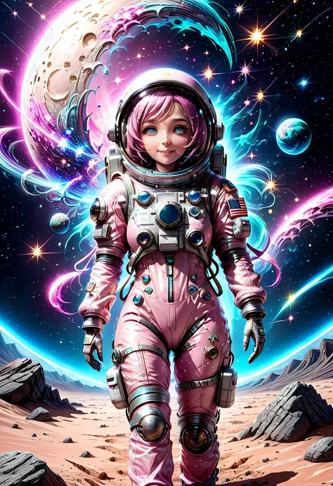 astronaut in pink space suit standing on a planet with planets in the background