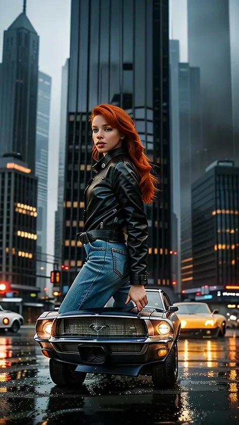 A beautiful woman redhead, in a rainy day,  at blue hour. In background a clasic mustang car 70s. In a modern city, with skyscrapers. Cinematic style, light and shadows, ultra realistic, with great details. Master piece. Photography style. Wide view, ameri...