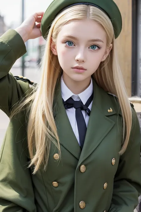 Blonde British teen。Green Eyes。Wearing green military uniform。Hair is a little messy。Skinny。