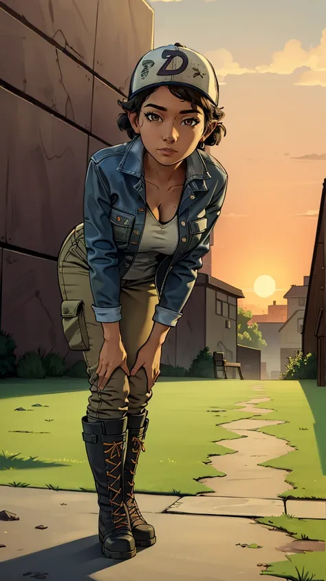 ((masterpiece, best quality)),(complex lighting) ,solo,(((1girl))) ,clementine, light skin,light-skinned female, baseball cap, green cargo pants, brown eyes, tight pants, combat boots, shirt, short hair, one short ponytail, open denim jacket, huge butt, th...