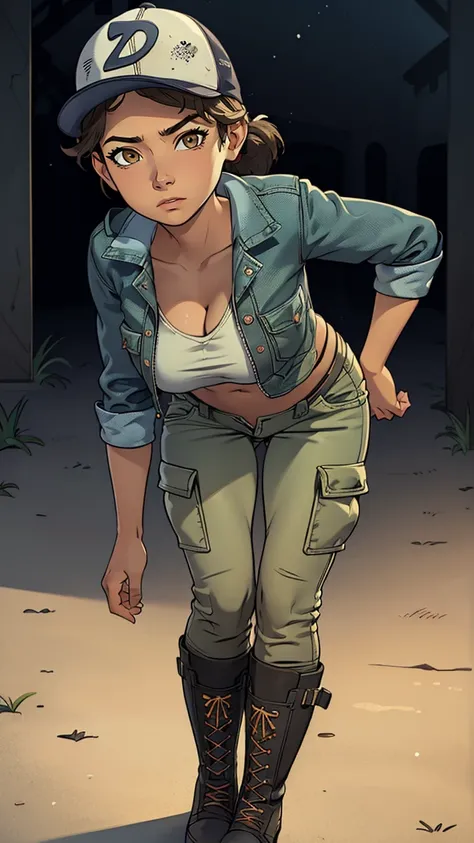 ((masterpiece, best quality)),(complex lighting) ,solo,(((1girl))) ,clementine, light skin,light-skinned female, baseball cap, green cargo pants, brown eyes, tight pants, combat boots, shirt, short hair, one short ponytail, open denim jacket, huge butt, na...