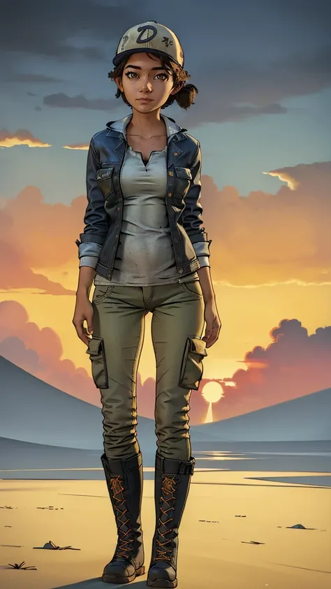 ((masterpiece, best quality)),(complex lighting) ,solo,(((1girl))) ,clementine, light skin,light-skinned female, baseball cap, green cargo pants, brown eyes, tight pants, combat boots, shirt, short hair, one short ponytail, open denim jacket, huge butt, na...