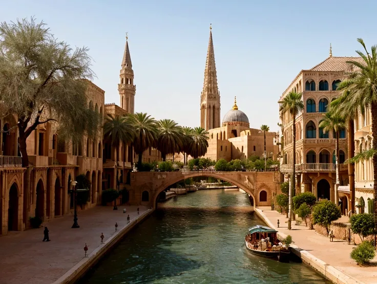 In the heart of the desert, ancient whispers echo through the gleaming spires of a white city that defies time. The city is filled with beautiful intricate and interconnected canals and a lush vegetation, closeup view.